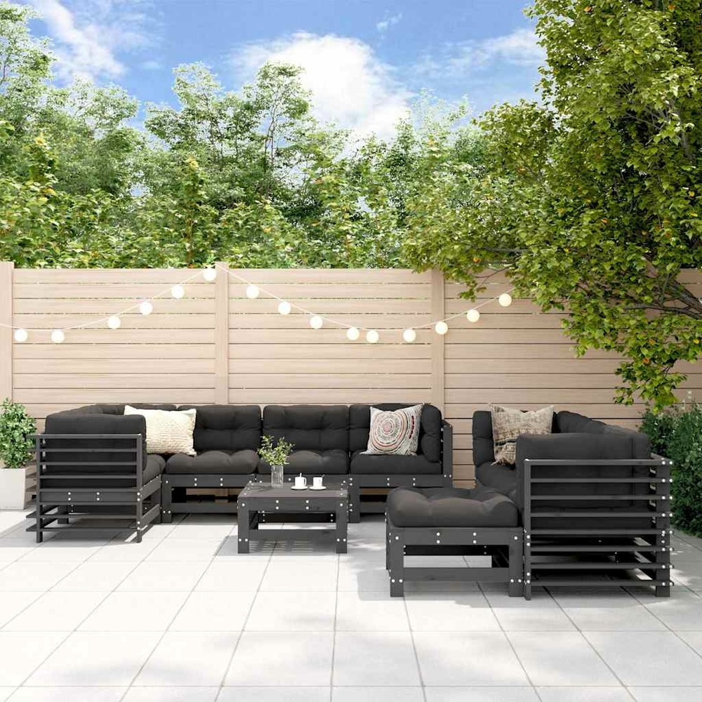 Salon de jardin 10 pcs avec coussins gris bois massif