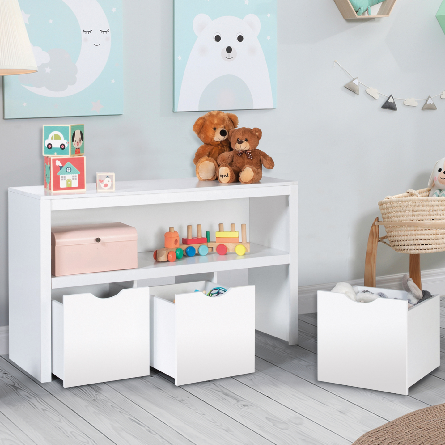 Meuble de rangement enfant mana en bois blanc 3 tiroirs cubes sur roulettes