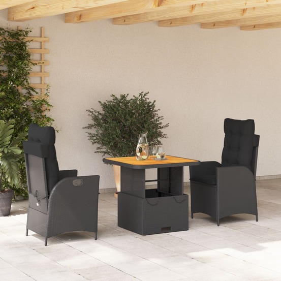 Ensemble à manger de jardin avec coussins 3 pcs noir