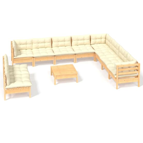 Salon de jardin 11 pcs avec coussins crème bois de pin solide