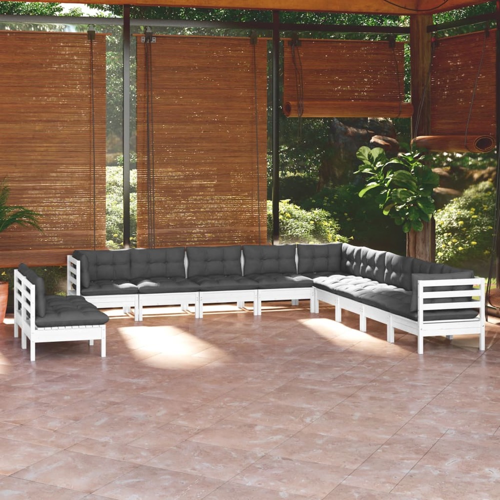 Salon de jardin 11 pcs avec coussins blanc bois de pin solide