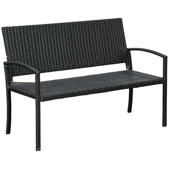 Banc de jardin 2 places, avec structure en acier et tressage en polyrotin noir.