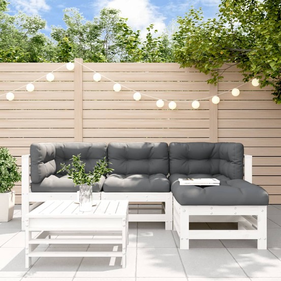 Salon de jardin 5 pcs avec coussins blanc bois massif