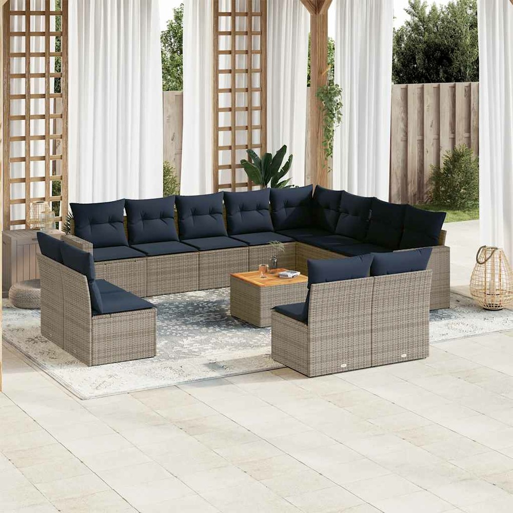 Salon de jardin avec coussins 13 pcs gris résine tressée