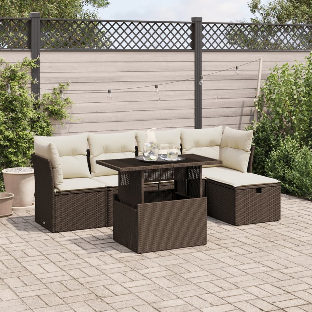 Salon de jardin avec coussins 6 pcs marron résine tressée