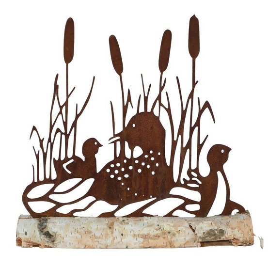 Canard statuette décoration jardin métal rouillé bois marron 35x33cm