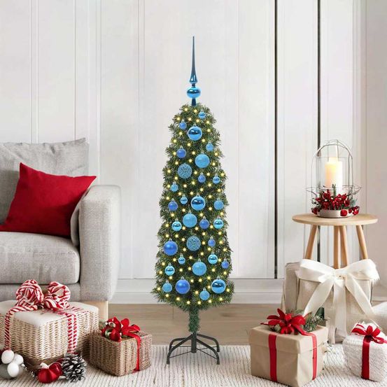 Petit sapin de noël artificiel 120 cm vert, prêt à poser avec led et décorations