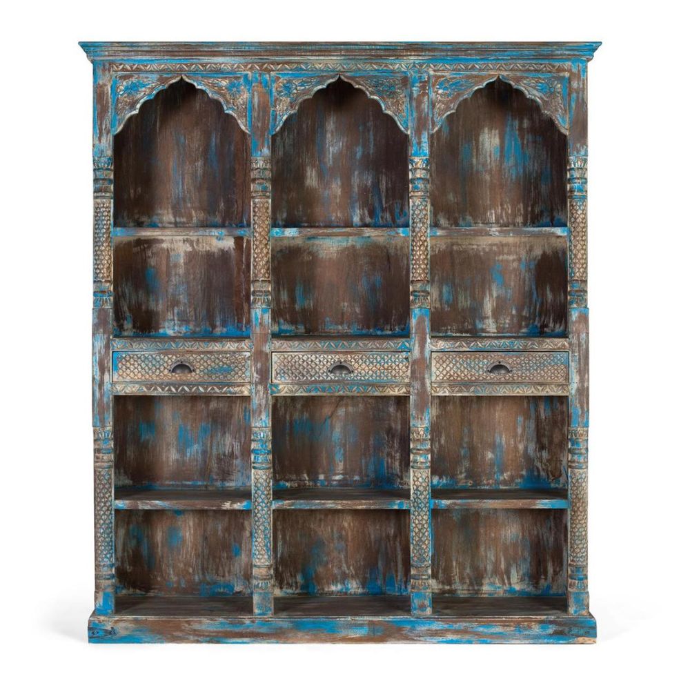 Bibliothèque bois bleu - décoration d'autrefois