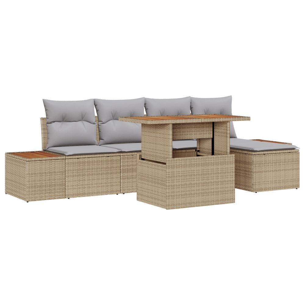 Ensemble de salle à manger de jardin en 6 pièces avec coussins beige en polyrotin et acacia