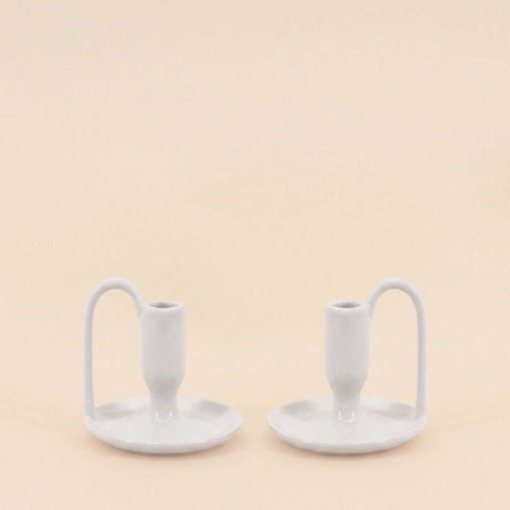 Lot de 2 bougeoirs blanc en céramique avec anse 11cm