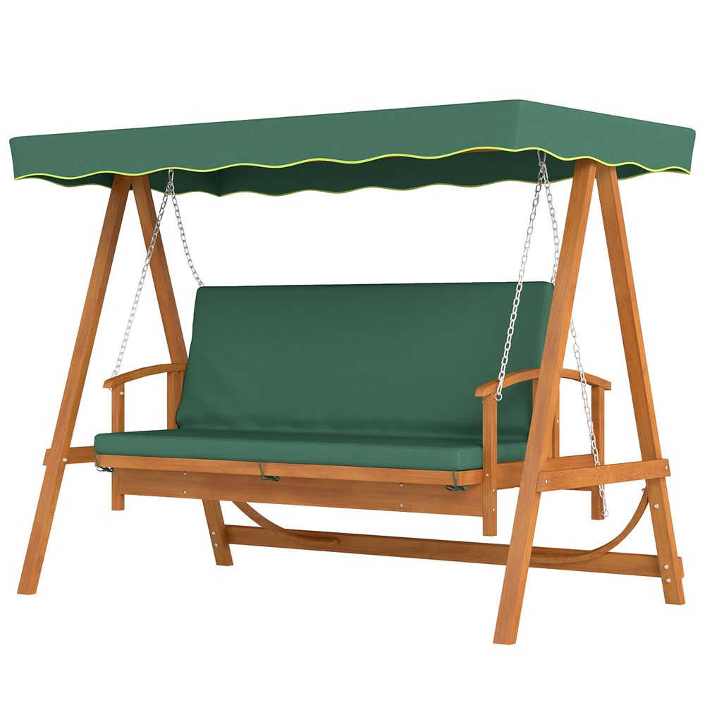 Balançoire jardin 3 places bois massif avec auvent solaire inclinable vert
