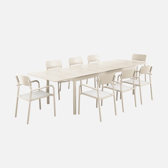 Table de jardin extensible aluminium, 8 fauteuils textilène, 210/300 x 100 x 75,5 cm