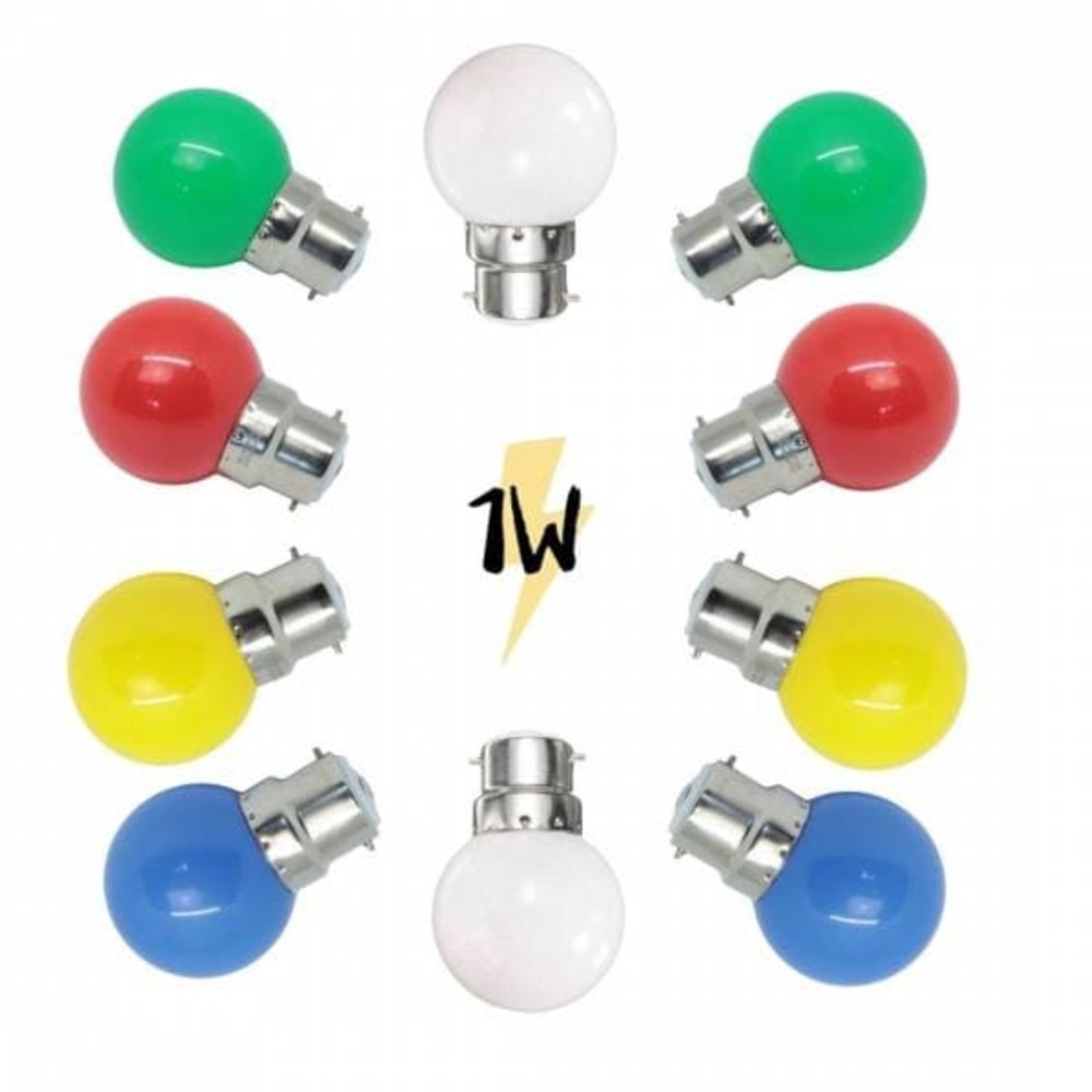 Lot de 10 ampoules guinguette b22 1w multicolores et blanc chaud led à baïonnettes plastique professionnelle