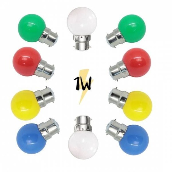 Lot de 10 ampoules guinguette b22 1w multicolores et blanc chaud led à baïonnettes plastique professionnelle