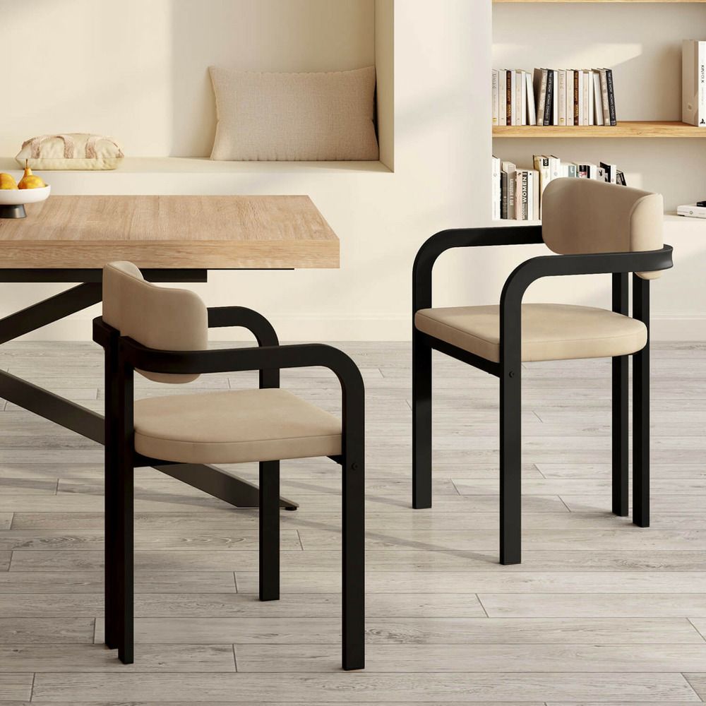 Lot de 2 chaises de salle à manger, fauteuils de table esma en métal noir et velours taupe avec accoudoirs