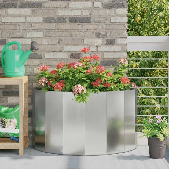 Jardinière demi-ronde acier galvanisé pour jardin argent 90x45x50 cm