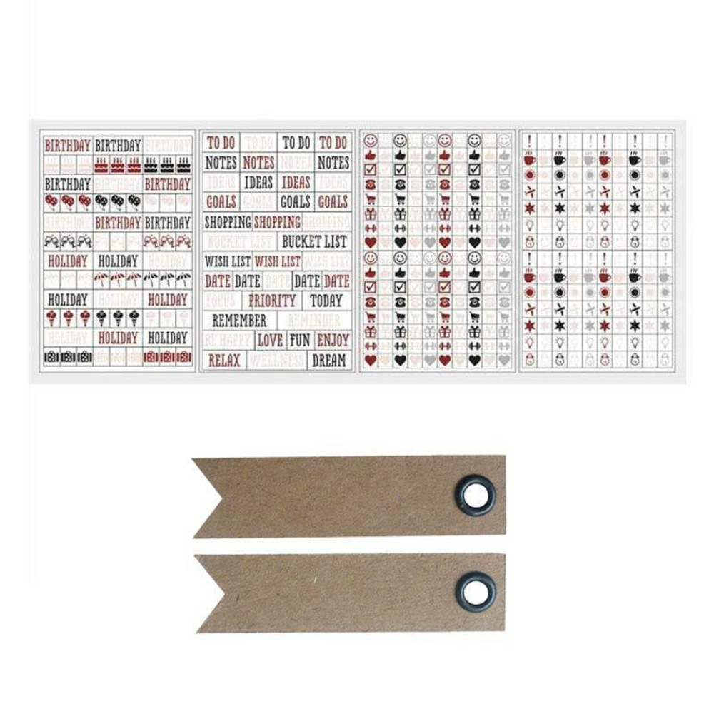 Stickers calendrier 4 planches symboles & notes + 20 étiquettes kraft fanion