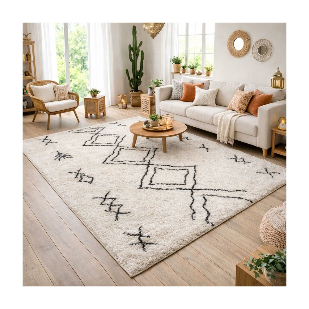 Tapis berbère 200x280 tissé motif ethnic lyn4 doux 3 crème