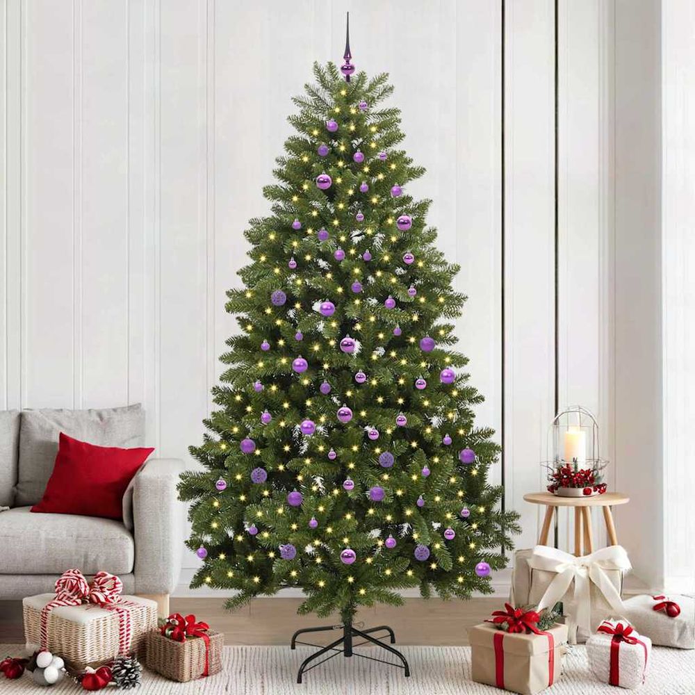 Grand arbre de noël artificiel 240 cm, illuminé et décoré pour les fêtes avec 120 pièces