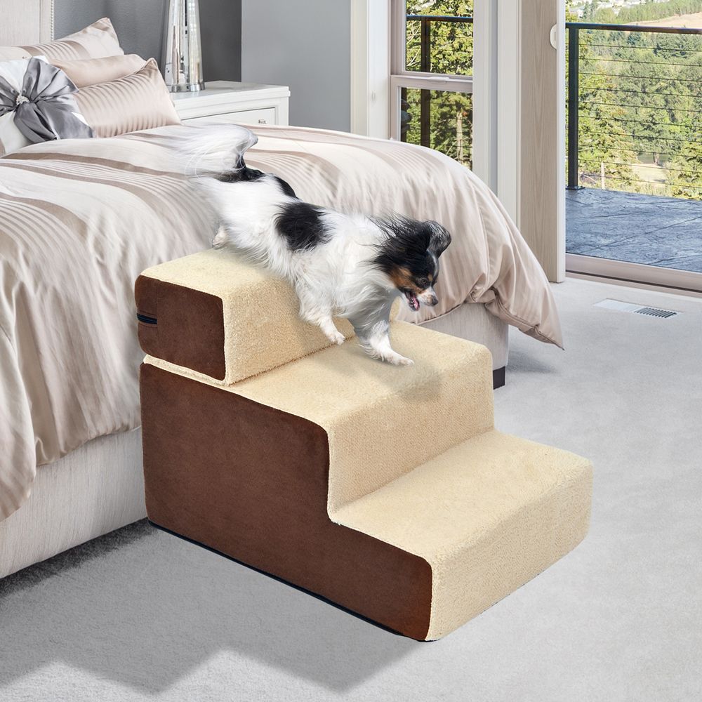 Escalier chien chat mousse peluche canapé lit 3 marches amovibles 54x40x39cm beige - comfortxl pet living