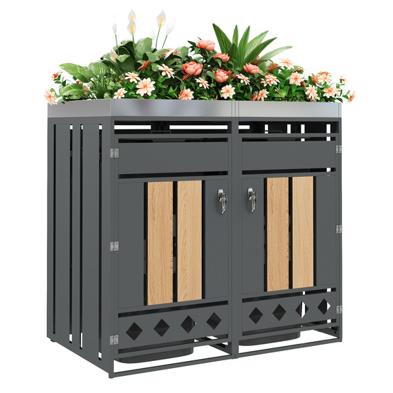 Boîte à poubelles, rangement verrouillable, 2 portes, surface de plantation, aspect bois vertical, socle creux losangé