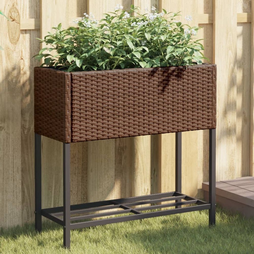 Jardinière haute résine tressée balcon avec étagère de rangement 70x28x70 cm marron