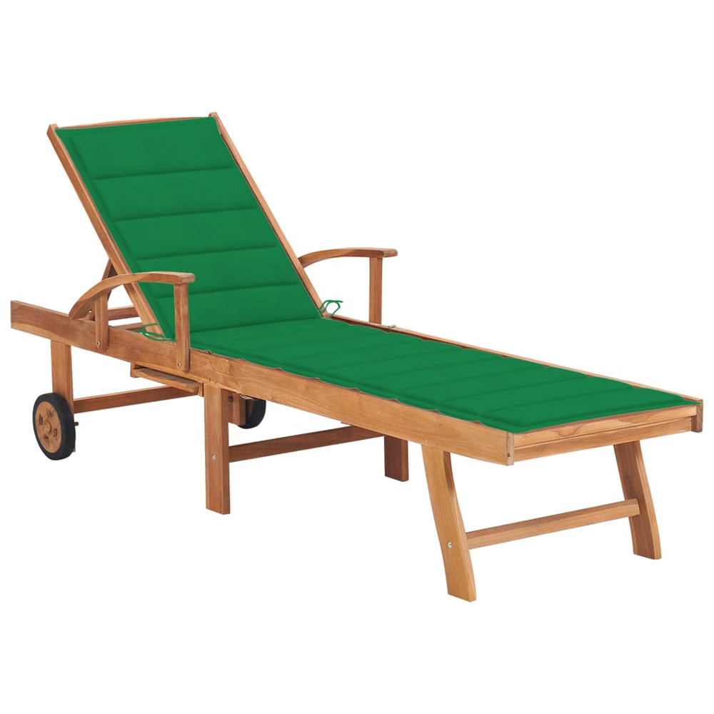 Chaise longue avec coussin vert bois de teck solide bain de soleil