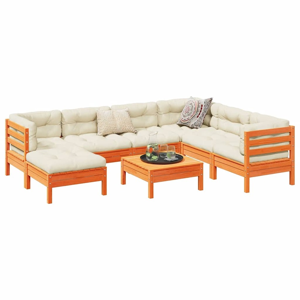 Salon de jardin 8 pcs avec coussins marron cire bois pin massif
