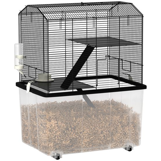 Cage hamster fil acier rongeurs 3 étages sur roulettes accessoires 57x74cm noir