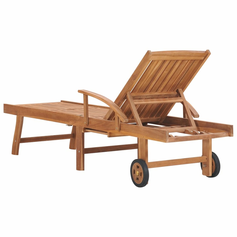 Transat chaise longue bain de soleil lit de jardin terrasse meuble d'extérieur avec coussin crème bois de teck solide 02_0012
