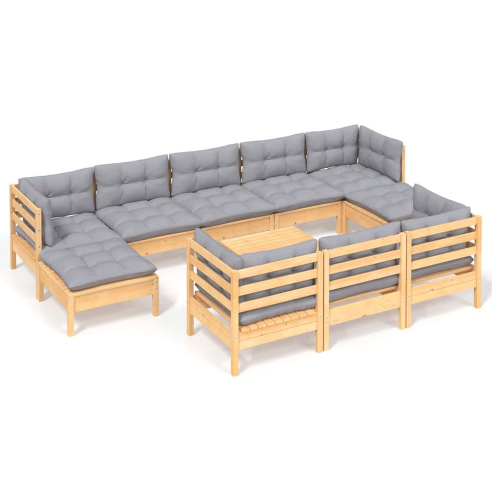Salon de jardin 11 pcs avec coussins gris bois de pin solide