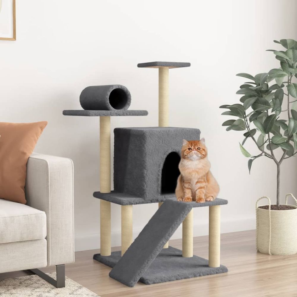 Arbre à chat multi-niveaux sisal avec niche et tunnel gris foncé 110,5 cm