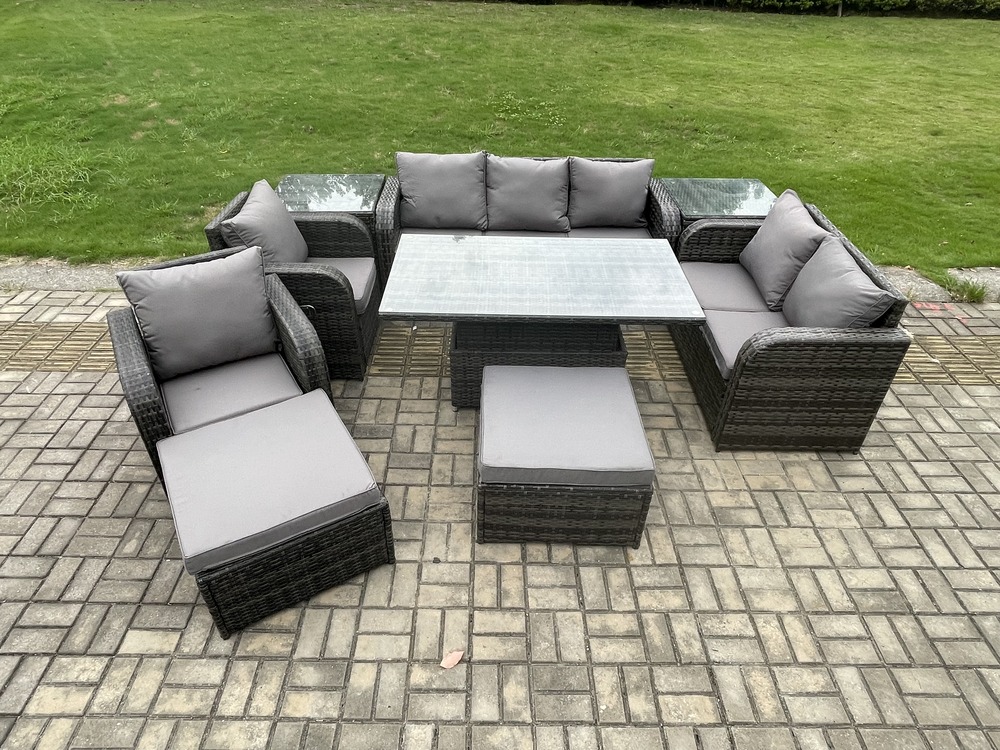 Ensemble de salle à manger jardin en rotin ave table à manger réglable en hauteur 2 chaises inclinable canapé d'amour