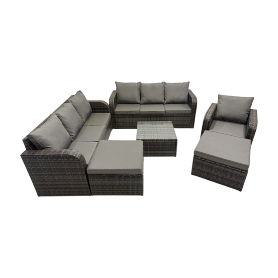 9 places salon de jardin exterieur avec canapés table basse carrée 2 grand tabourets gris foncé mixte