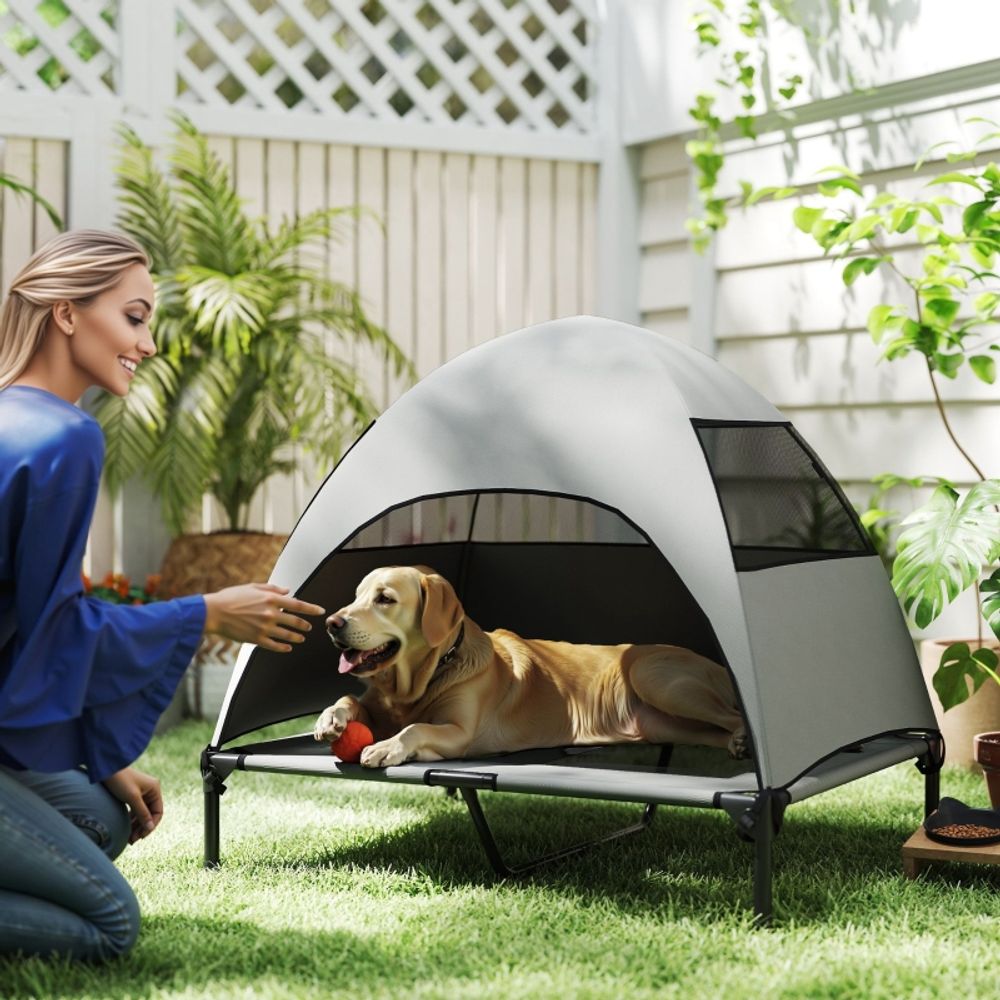Lit chien surélevé avec toit polyester jardin voyage respirant 91x76cm gris clair - comfortxl pet living