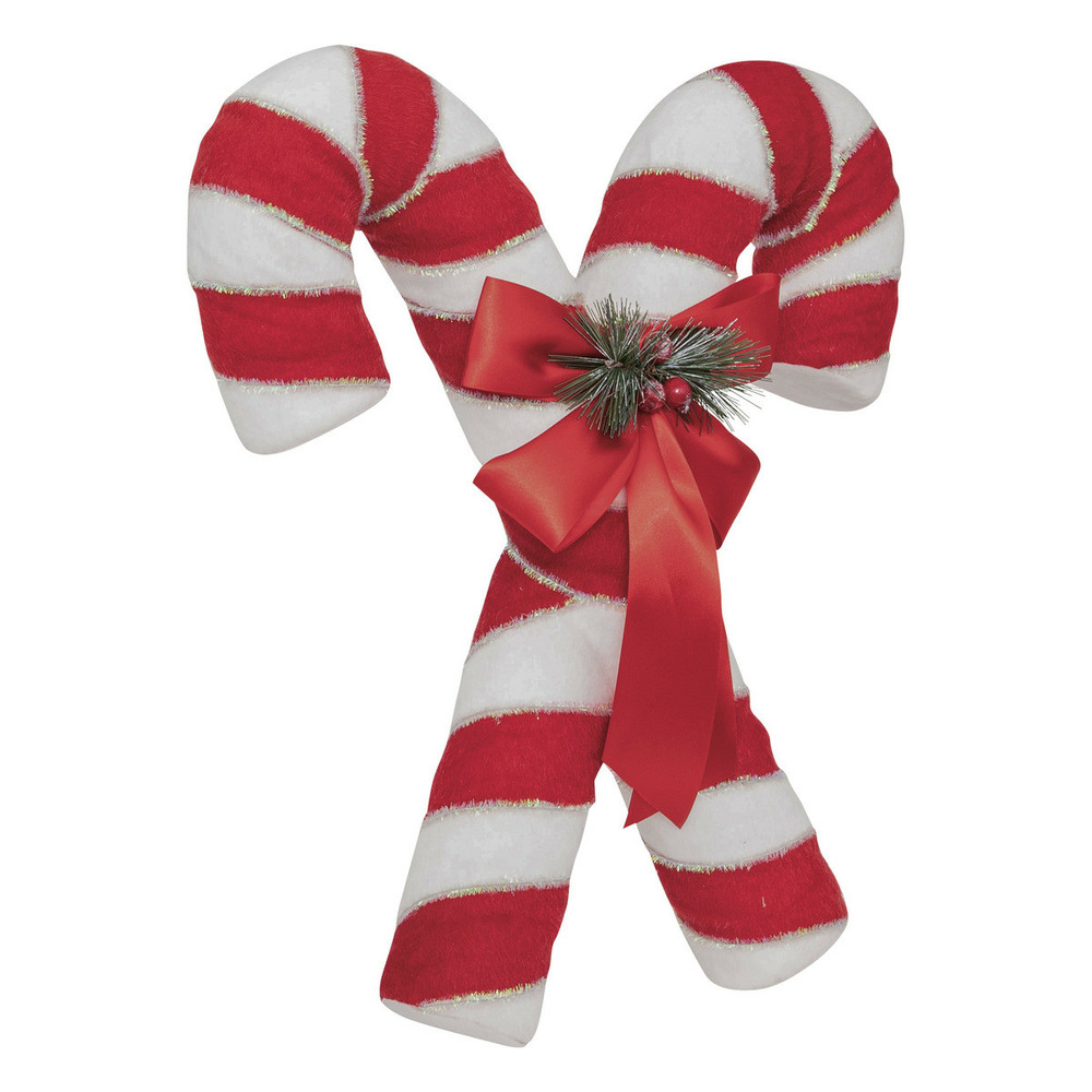 Déco de noël sucre d'orge double rouge et blanc avec noeud satin h 46 cm