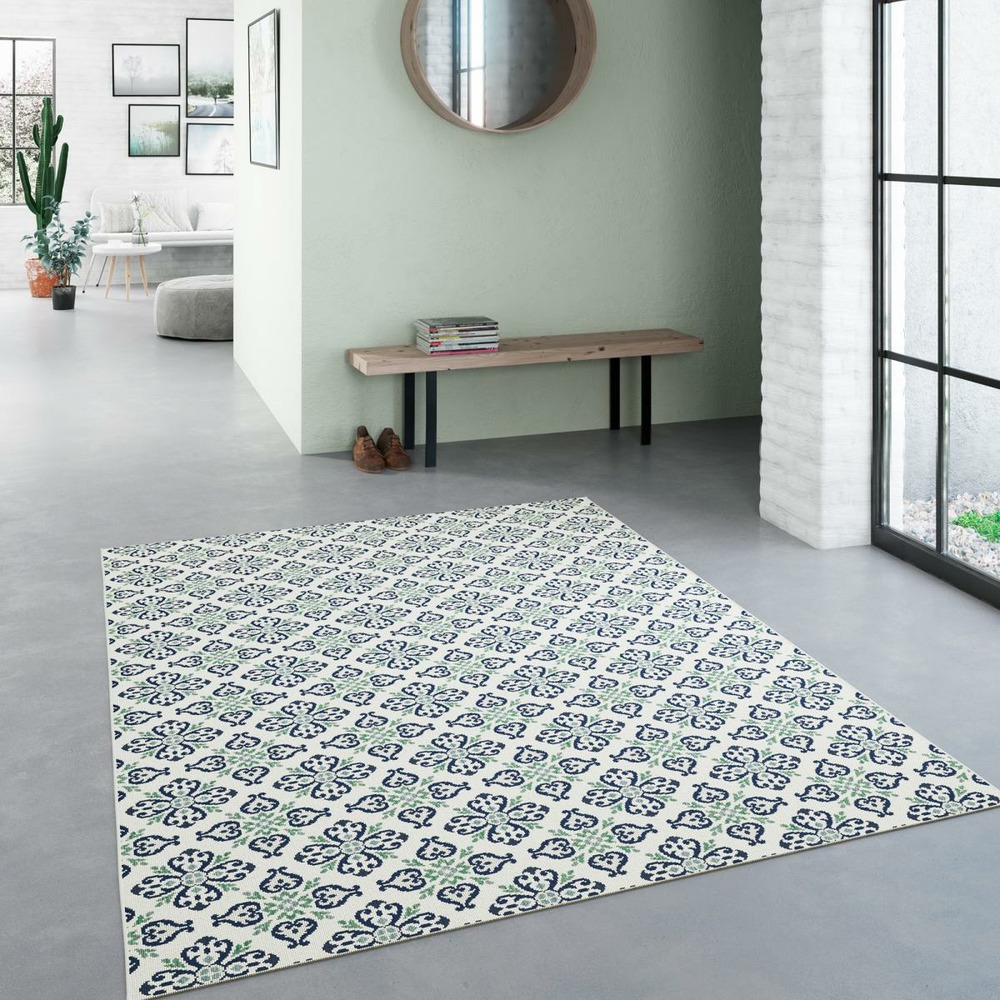 Tapis extérieur 200x290 tissé kilim vert et bleu casada 7