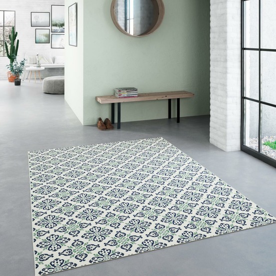 Tapis extérieur 200x290 tissé kilim vert et bleu casada 7