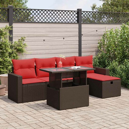 Salon de jardin 6 pcs avec coussins marron résine tressée acacia