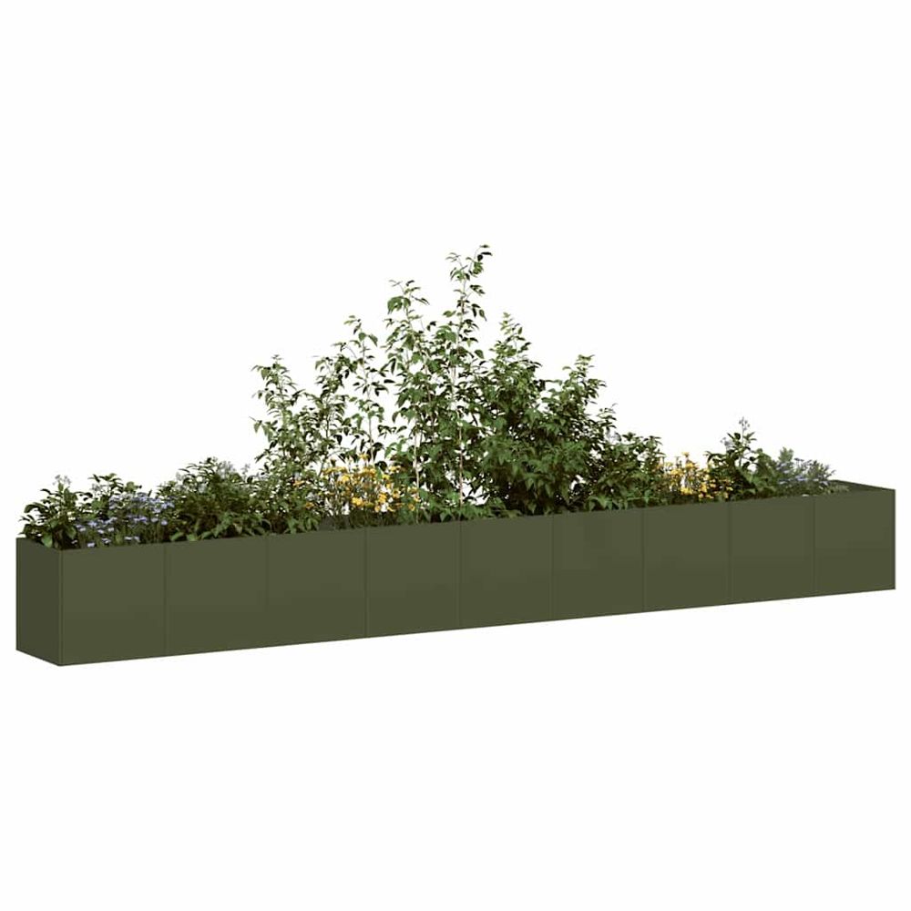 Longue jardinière de bordure acier laminé stable pour aménagement paysager moderne vert olive 360x40x40cm