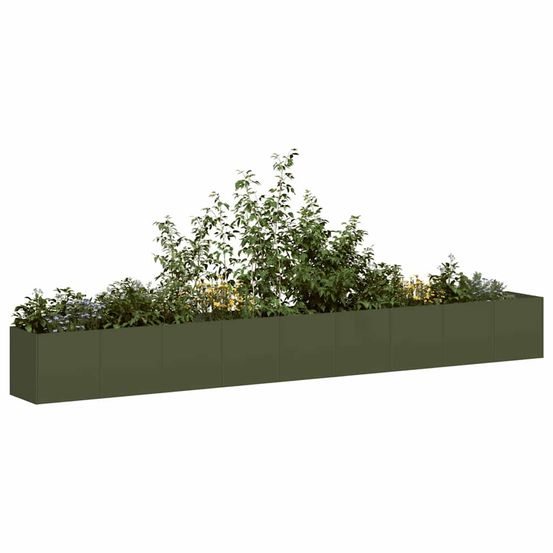 Longue jardinière de bordure acier laminé stable pour aménagement paysager moderne vert olive 360x40x40cm
