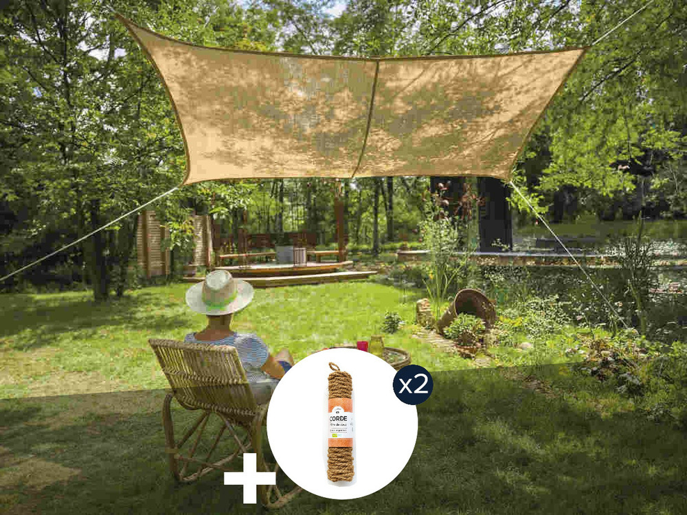 Voile d'ombrage naturelle jute rectangulaire 4 x 3 m + 2 cordes fibre de coco 12
