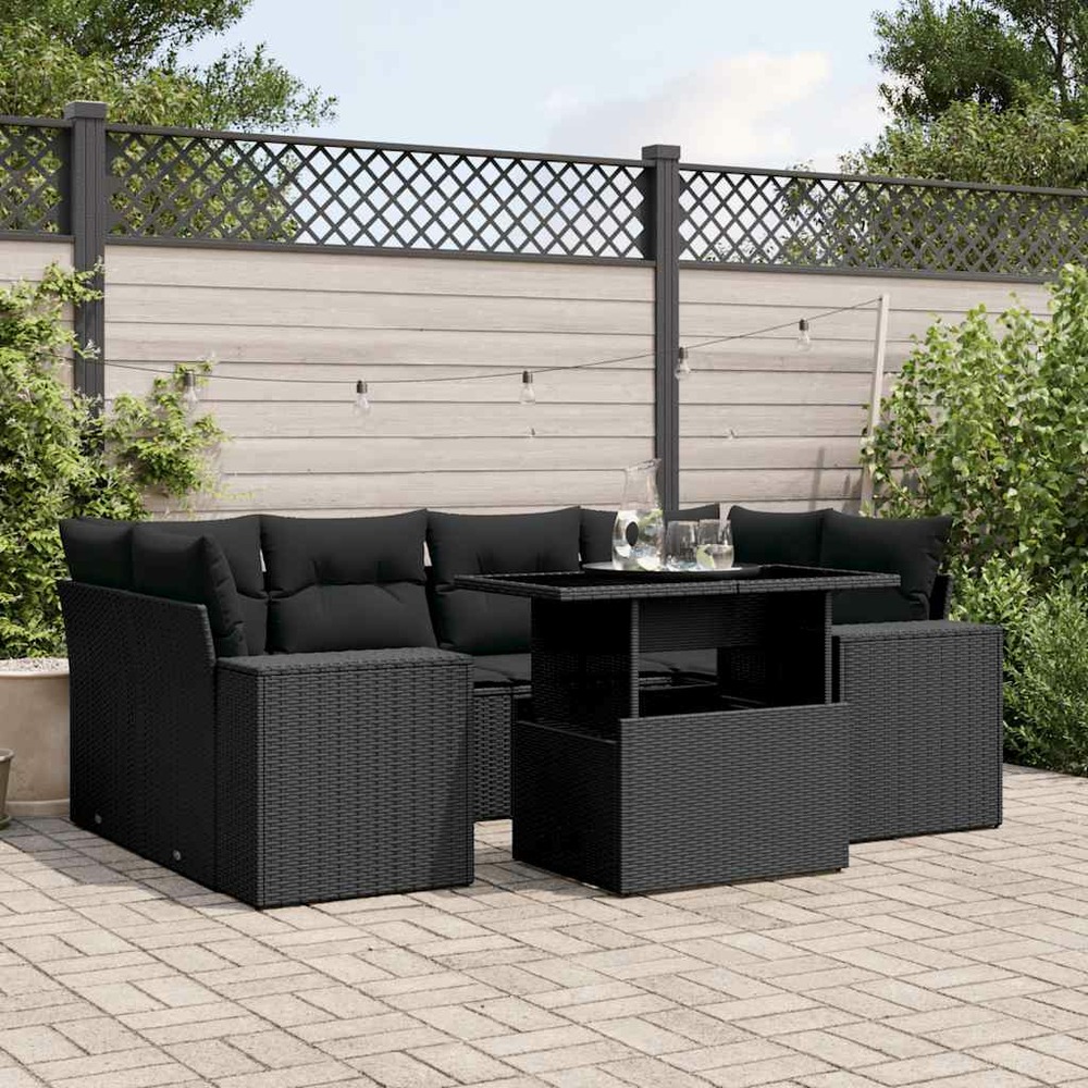 Salon de jardin 7 pcs avec coussins noir résine tressée