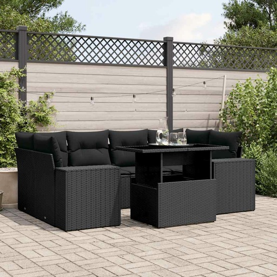 Salon de jardin 7 pcs avec coussins noir résine tressée