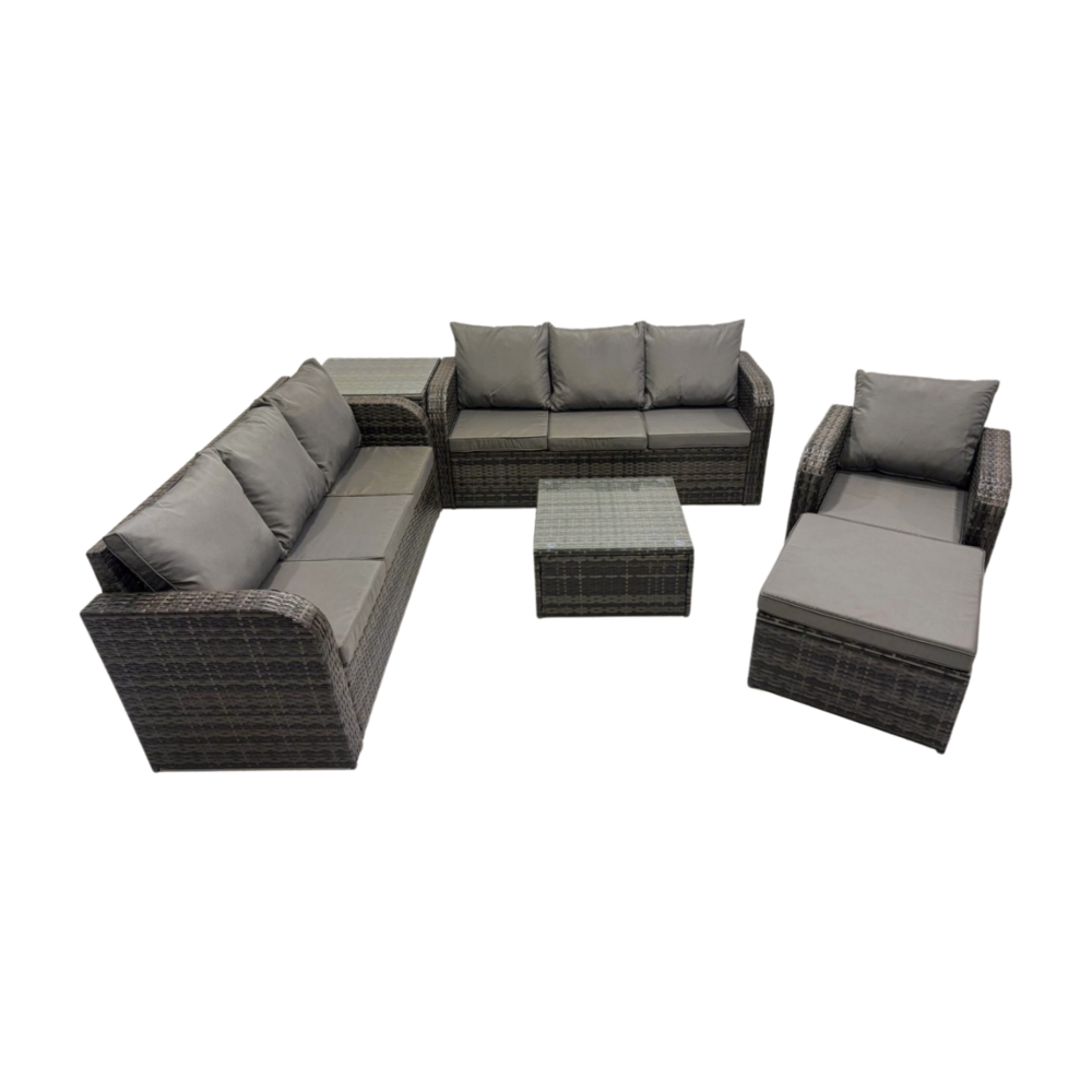 Salon de jardin exterieur avec canapés table basse carrée chaise inclinable grand tabouret table d'appoint gris foncé mixte