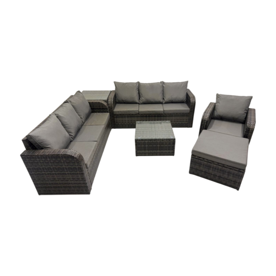 Salon de jardin exterieur avec canapés table basse carrée chaise inclinable grand tabouret table d'appoint gris foncé mixte