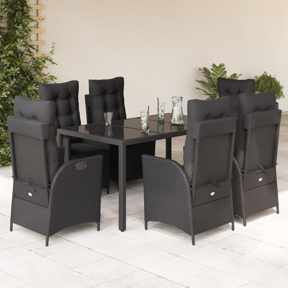 Ensemble à manger de jardin coussins 7pcs noir résine tressée