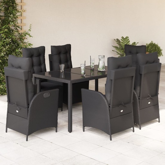 Ensemble à manger de jardin coussins 7pcs noir résine tressée