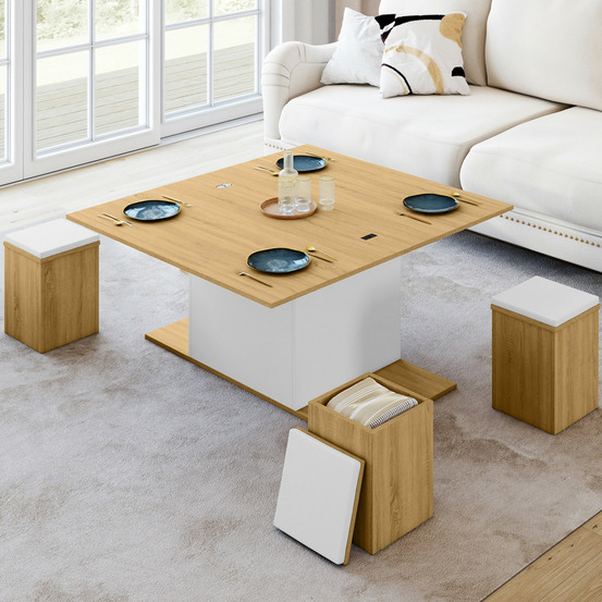 Table basse plateau relevable rectangulaire convertible en table à manger eden 100 cm bois et blanc avec poufs