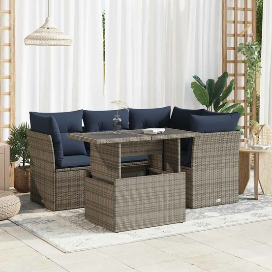 Salon de jardin 5 pcs avec coussins gris résine tressée acacia